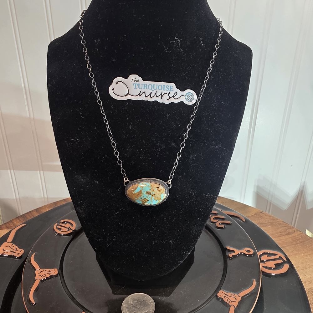 Turquoise Stone Oval Pendant Necklace - Blue Green Turquoise on Silver Chain
